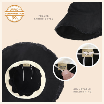 Wide Brim Frayed Bucket Hat for Summer – Lightweight Cotton Sun Hat