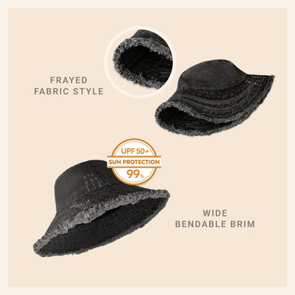 Wide Brim Frayed Bucket Hat for Summer – Lightweight Cotton Sun Hat