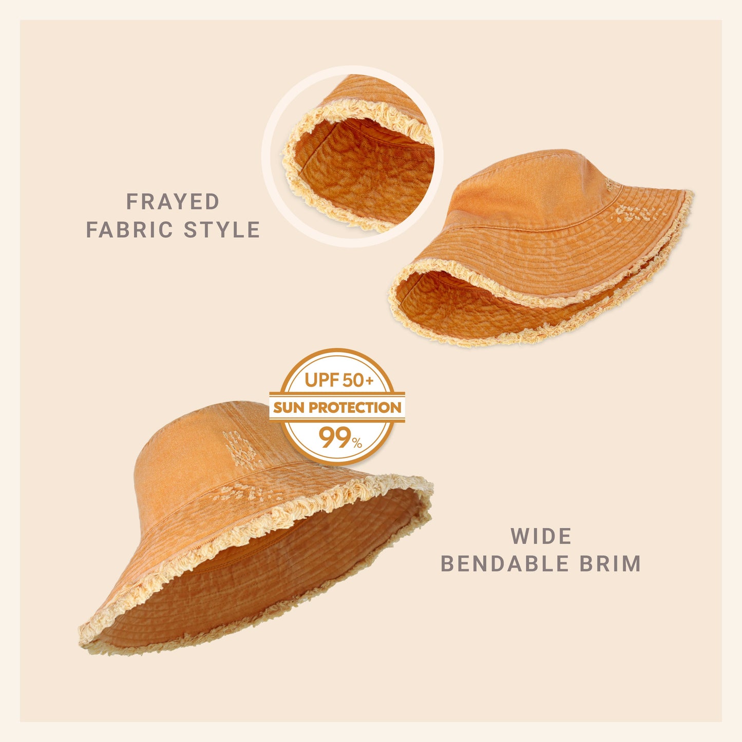 Wide Brim Frayed Bucket Hat for Summer – Lightweight Cotton Sun Hat