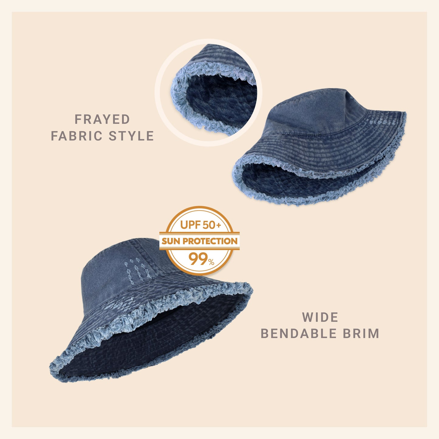 Wide Brim Frayed Bucket Hat for Summer – Lightweight Cotton Sun Hat