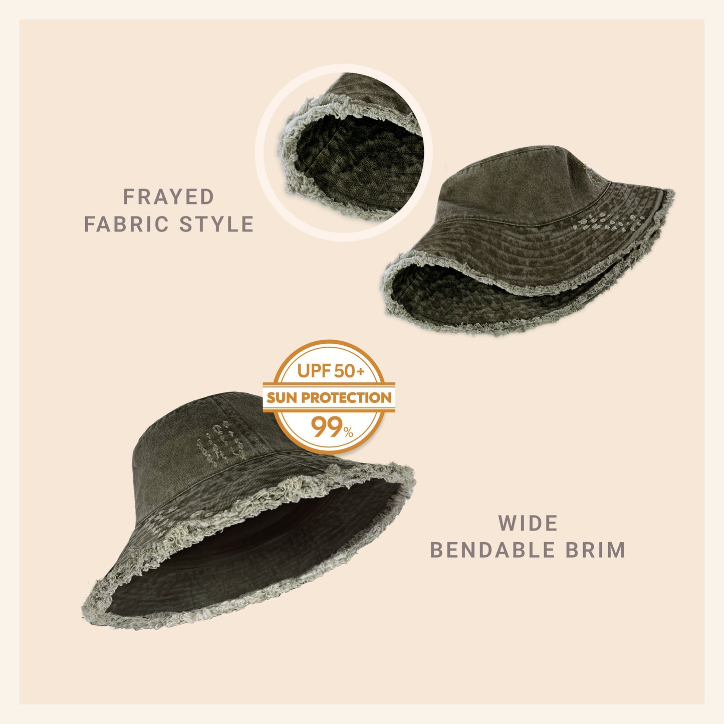 Wide Brim Frayed Bucket Hat for Summer – Lightweight Cotton Sun Hat