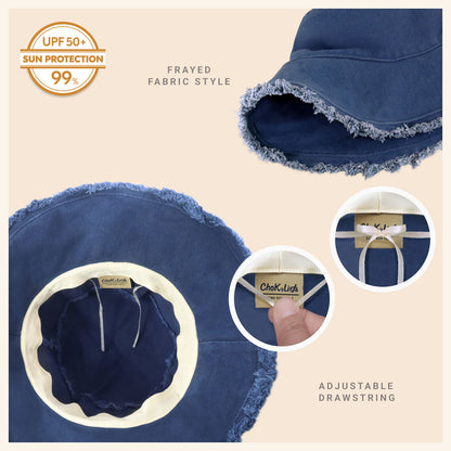 Wide Brim Frayed Bucket Hat for Summer – Lightweight Cotton Sun Hat