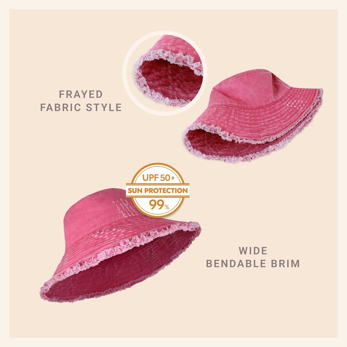 Wide Brim Frayed Bucket Hat for Summer – Lightweight Cotton Sun Hat