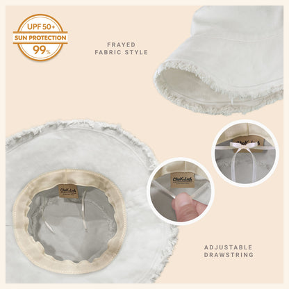 Wide Brim Frayed Bucket Hat for Summer – Lightweight Cotton Sun Hat